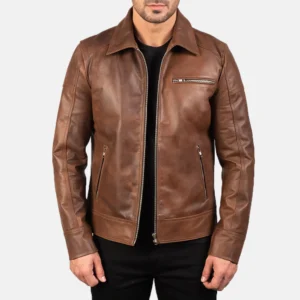 Brown Leather Biker Jacket - Collar
